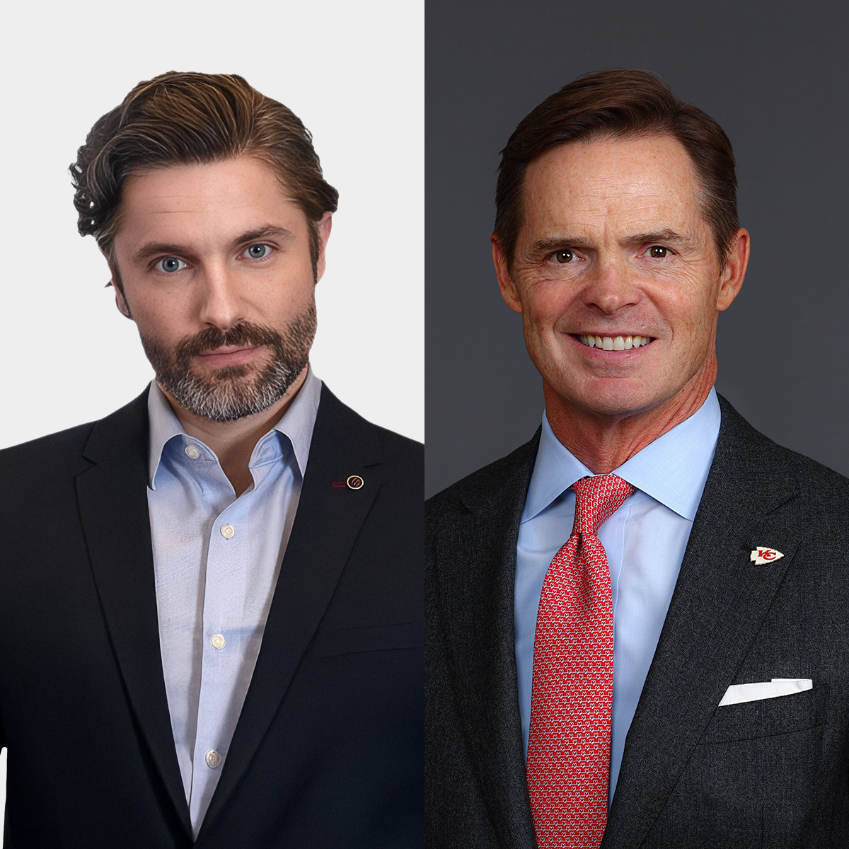Two suited men: bearded with light background, clean-shaven with dark background.