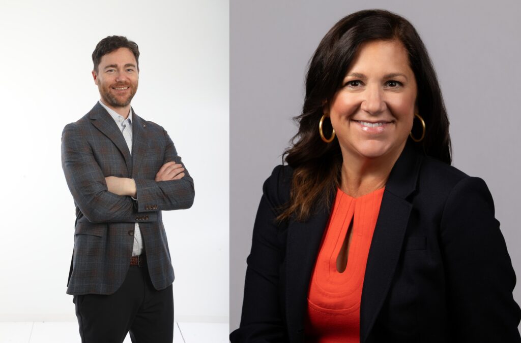 Man with crossed arms and woman smiling, both in business wear, against simple backgrounds.