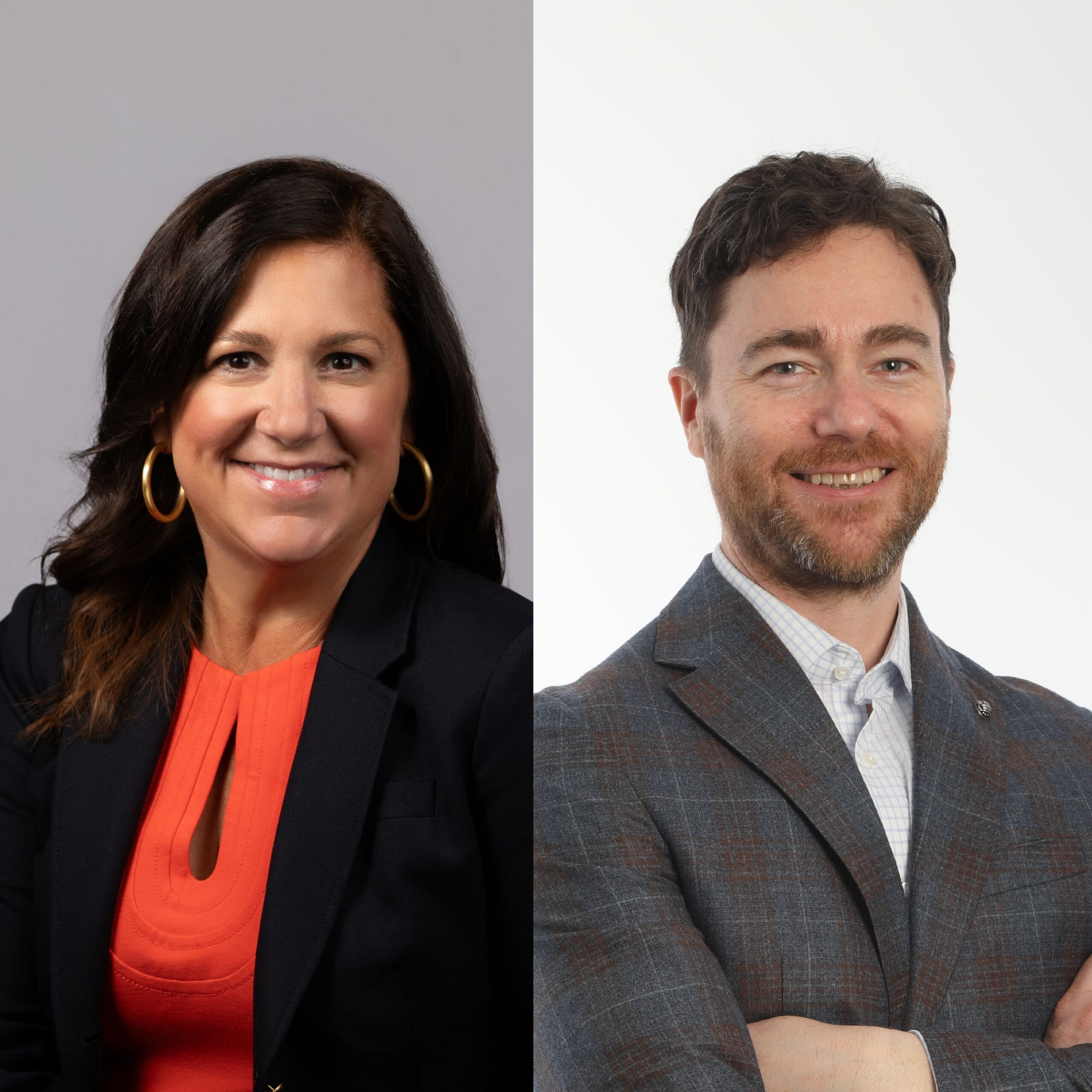 Smiling duo in business attire: Ashleigh de la Torre left in black jacket, Kevin Russell right in gray jacket.